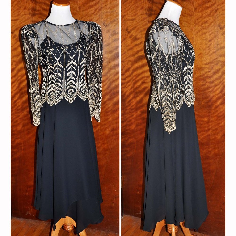Vintage Cache Black Chiffon 3/4 Length Long Sleeved Dress With Gold Embroidery